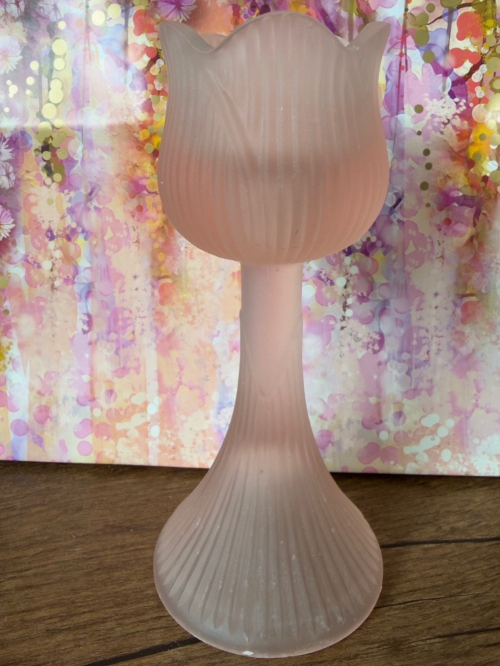 Vintage satin frosted pink glass tulip candleholder